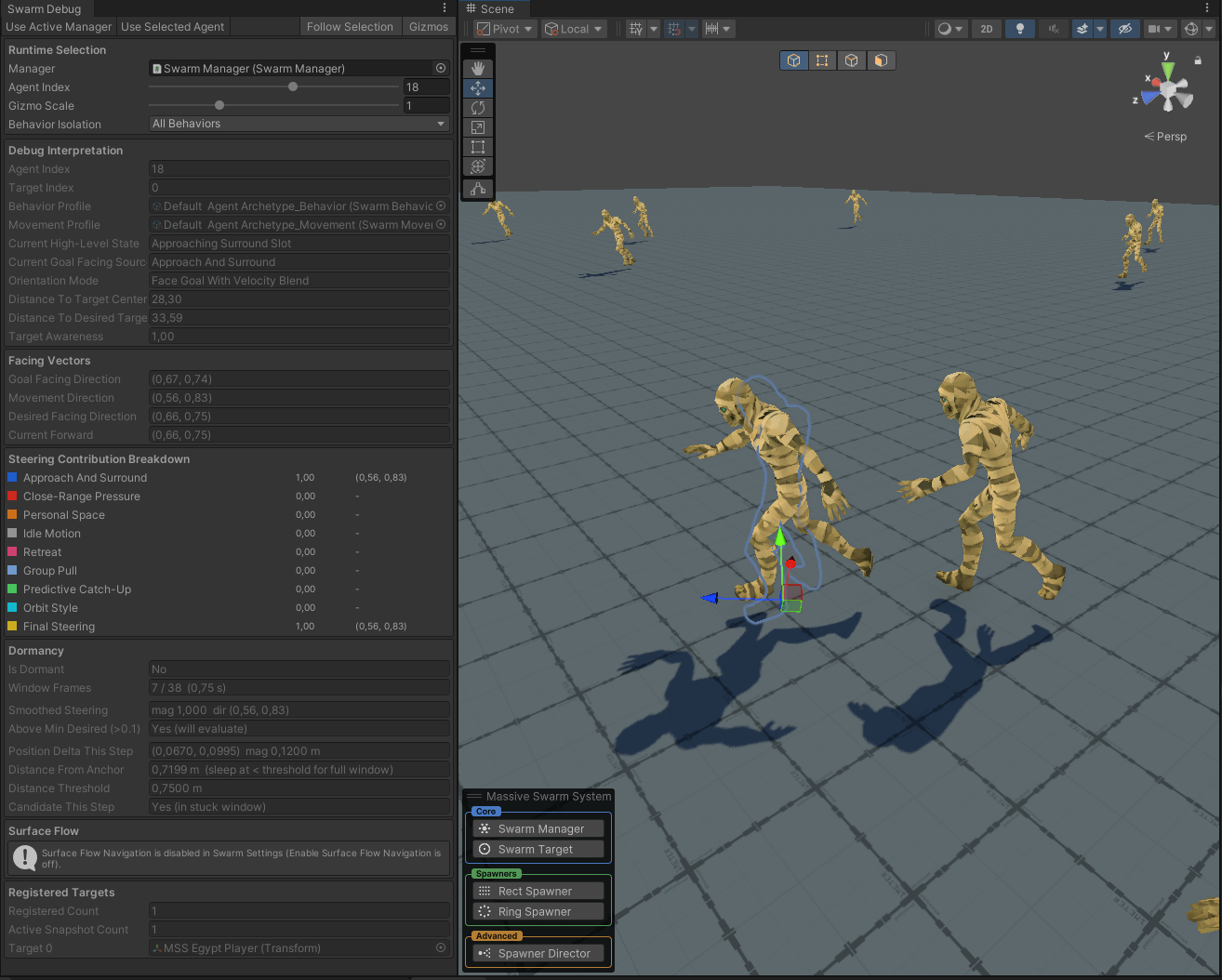 Agent Debugger window docked in the editor during Play mode, showing the Steering Contribution Breakdown panel beside the Scene view where the selected agent's steering vectors are drawn as matching colored lines