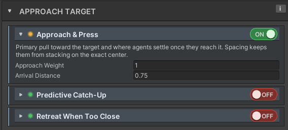 SwarmBehaviorProfile inspector showing the Approach & Press section: the section toggle, Approach Weight and Arrival Distance