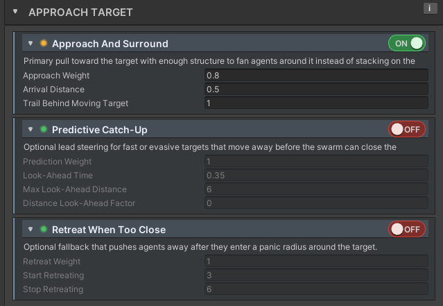 SwarmBehaviorProfile inspector — Approach Target section showing the Approach And Surround subgroup with Approach Weight, Arrival Distance, and Trail Behind Moving Target
