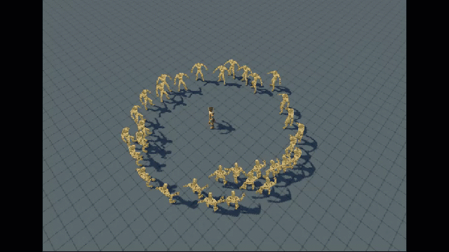 Game view of swarm agents forming a ring around the player target, leaving the center open