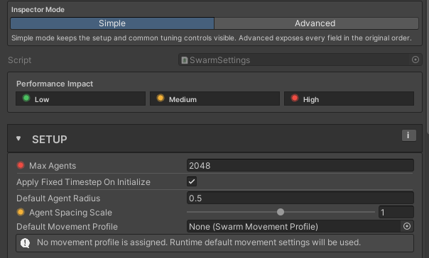 Swarm Settings inspector in Simple mode, showing the Simple and Advanced buttons, the Performance Impact legend, and the Setup section