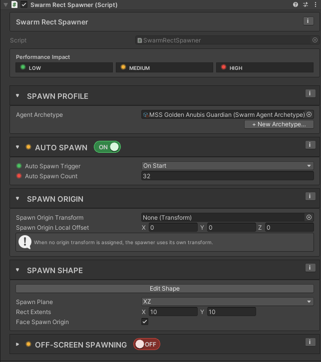 Rect Spawner Inspector with an archetype assigned in Spawn Profile and Auto Spawn turned on