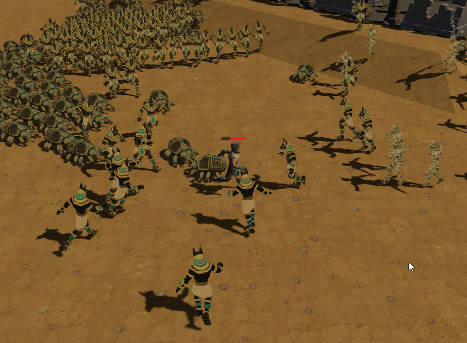 Game view showing hundreds of swarm agents converging on the player target
