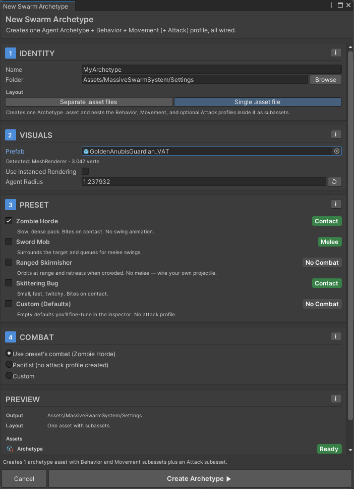 New Swarm Archetype wizard window showing the four numbered steps — Identity, Visuals, Preset, Combat — with a prefab assigned and an auto-suggested Agent Radius, plus the output preview and Create Archetype button