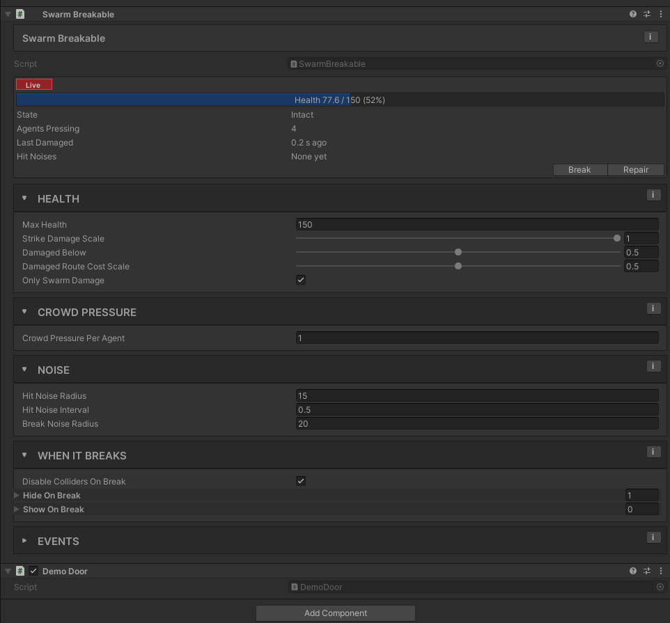 Swarm Breakable inspector in Play mode showing the live panel: health bar, State, Agents Pressing, Last Damaged, Hit Noises, and the Break and Repair buttons