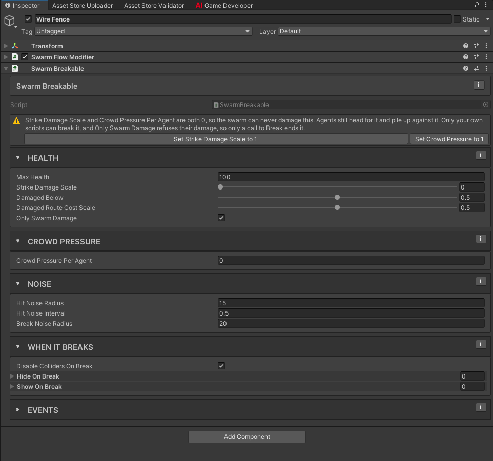 Swarm Breakable inspector warning: Strike Damage Scale and Crowd Pressure Per Agent are both 0, with Set Strike Damage Scale to 1 and Set Crowd Pressure to 1 buttons