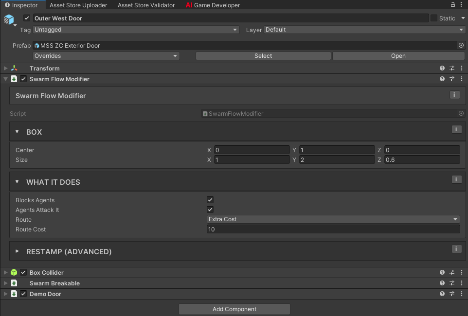 Swarm Flow Modifier inspector on a Zombie City exterior door, showing the Box and What It Does groups with no warning showing