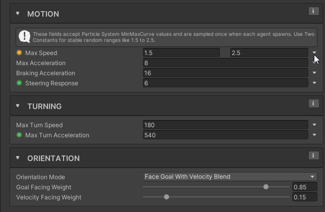 Swarm Movement Profile inspector with Max Speed set to a Random Between Two Constants range of 1.5 to 2.5