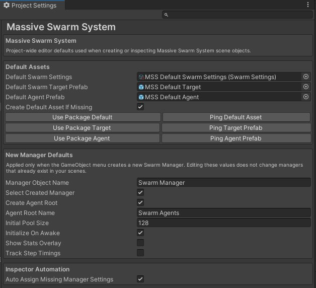 Project Settings window open at Massive Swarm System, showing the Default Assets, New Manager Defaults, and Inspector Automation sections