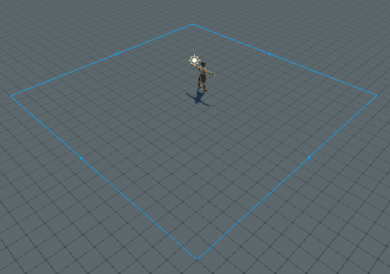 Scene view of a selected Rect Spawner showing its cyan rectangle gizmo marking the spawn area on the ground
