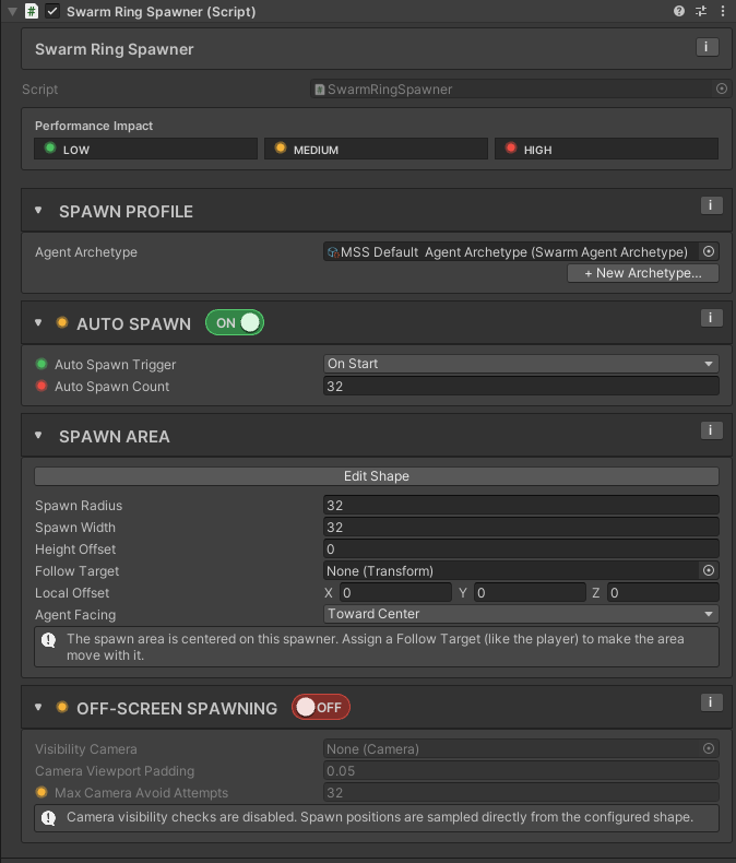 Swarm Ring Spawner inspector showing Spawn Radius, Spawn Width, Follow Target, and Agent Facing in the Spawn Area section