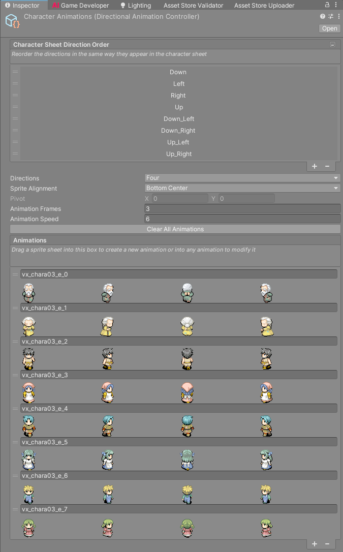 The Directional Animation Controller inspector with the direction order, import settings and animations