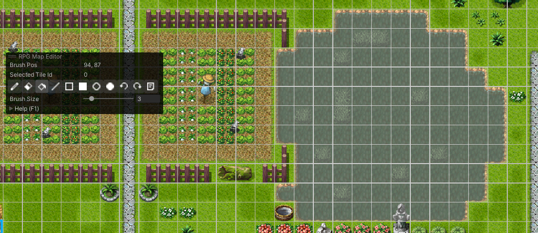The fill tool hovering over a patch of tall grass, with the area it would fill shaded