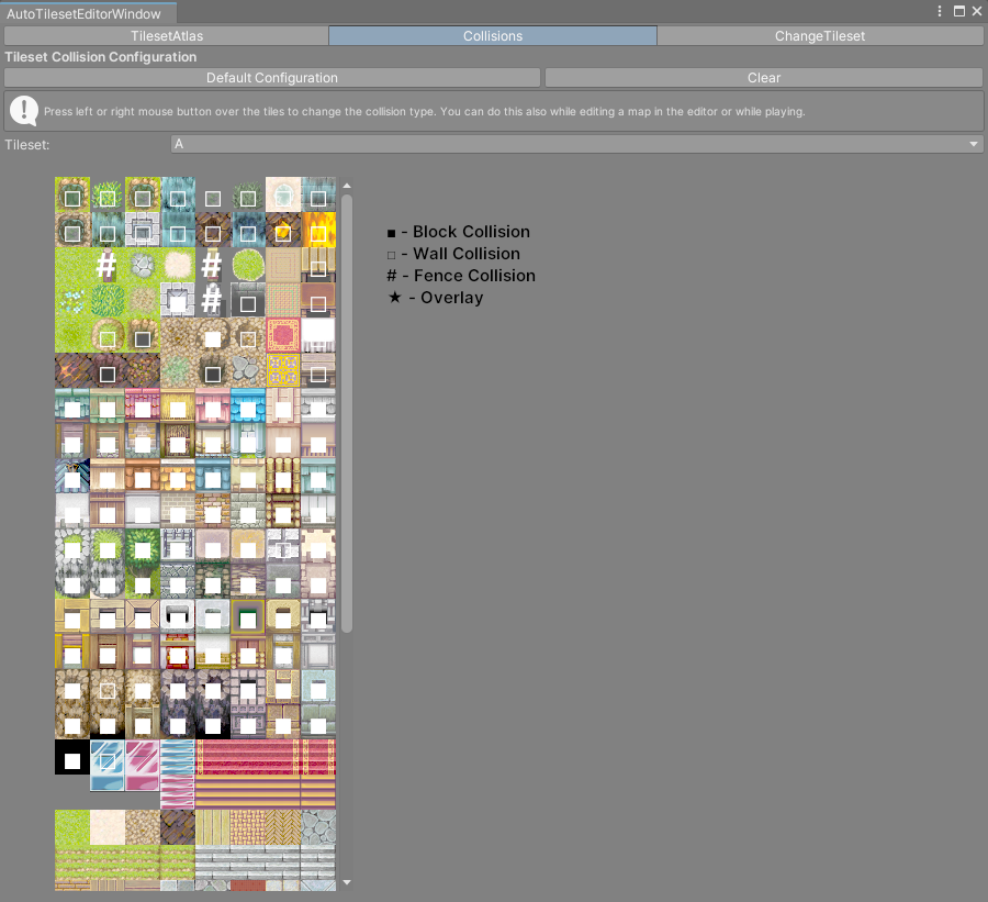 The Collisions tab of the tileset window with the collision symbols and the legend
