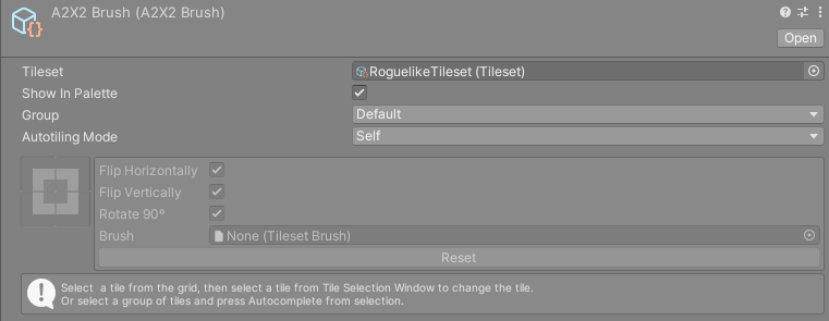 A2X2Brush inspector with its 2x2 grid of corner tiles