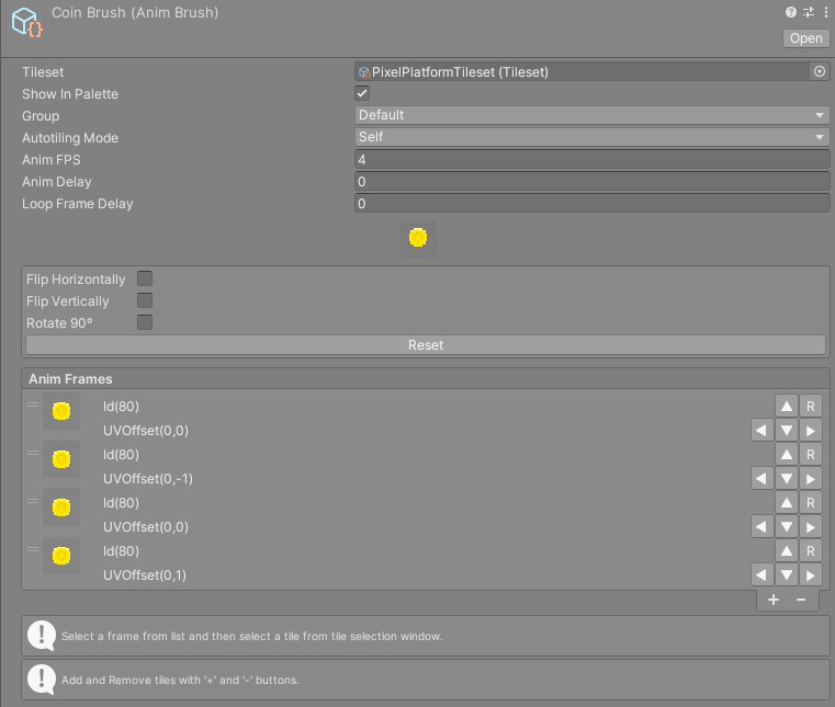 AnimBrush inspector with the Anim Frames list and the animation preview