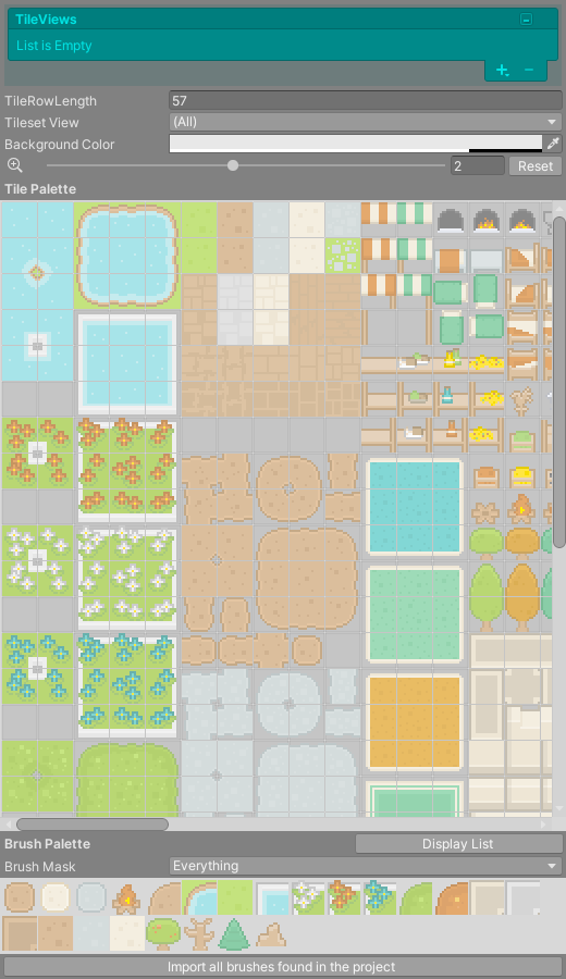 Tile Palette window with the RoguelikeTileset brush palette below the tiles