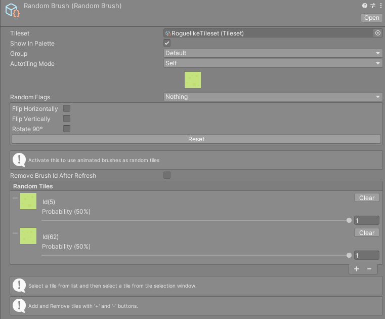 RandomBrush inspector with the Random Tiles list and probability sliders