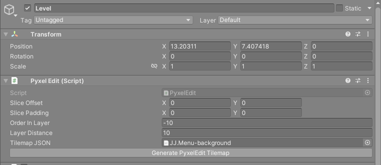 PyxelEdit component in the Inspector with Tilemap JSON set and the Generate PyxelEdit Tilemap button