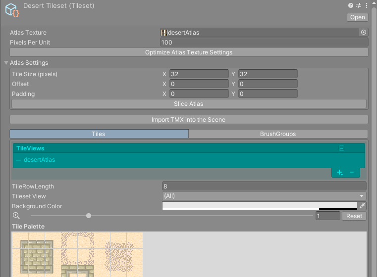 Tileset inspector for desertTileset with the Import TMX into the Scene button