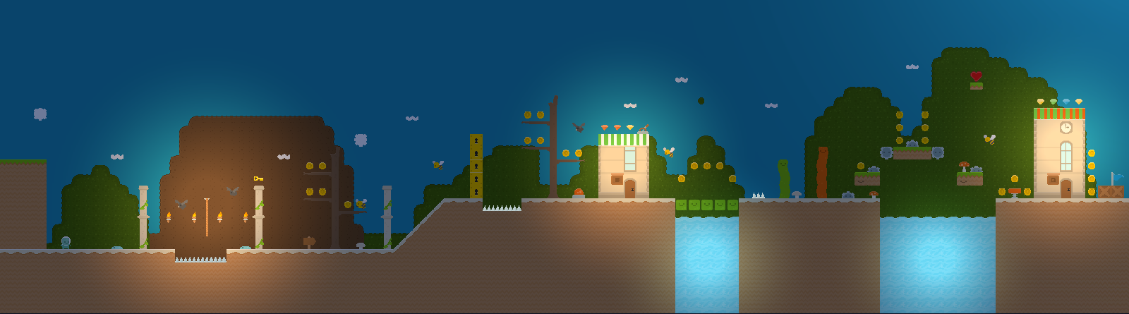 Pixel Platform level at night under URP 2D lights