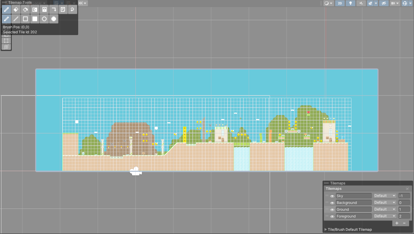 Scene view with the Pixel Platform sample group selected, the Tilemap Tools overlay at the top left and the Tilemaps overlay at the bottom right