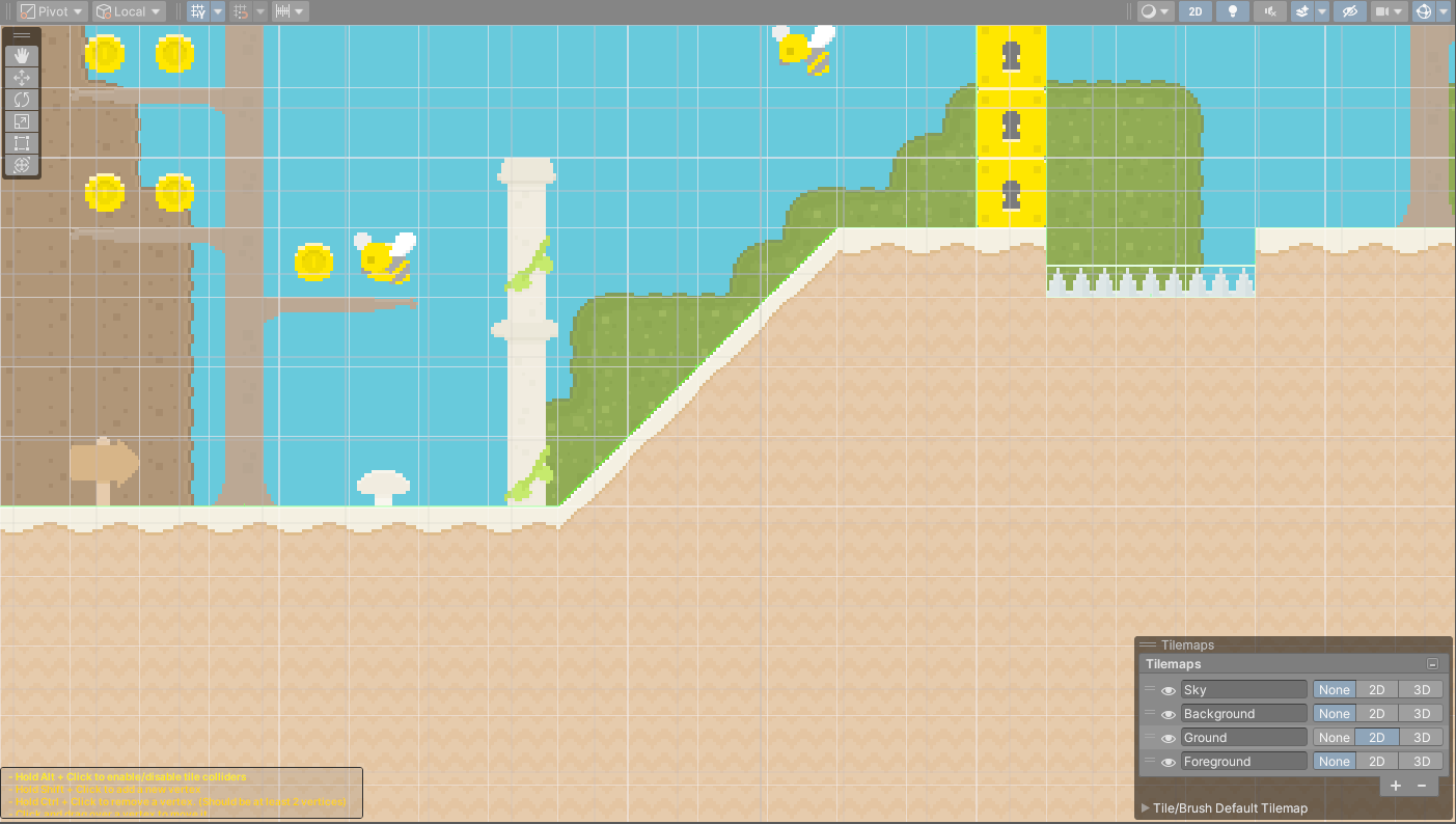 The Scene view with the Collider tab open: the tile collider outline follows the slope, and the help box at the bottom left lists the editing keys