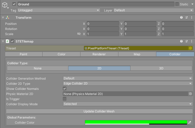 The Collider tab set to 2D with Edge colliders, and the collider outlines over the Ground tilemap