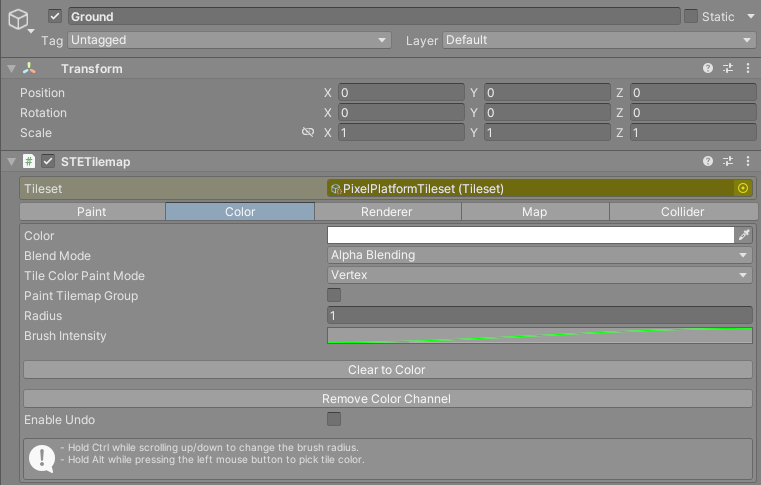 The Color tab of the tilemap inspector