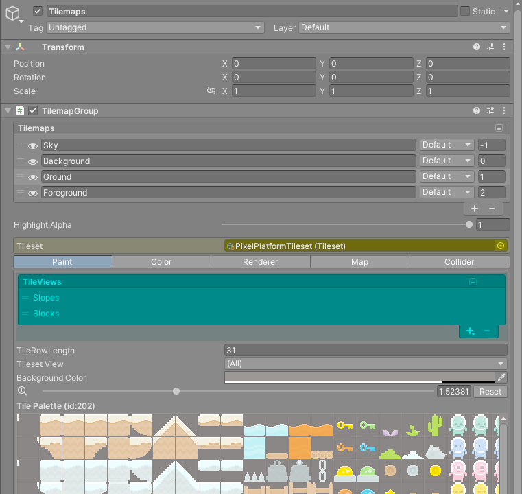 A TilemapGroup inspector with four tilemaps in the list and the Ground tilemap selected