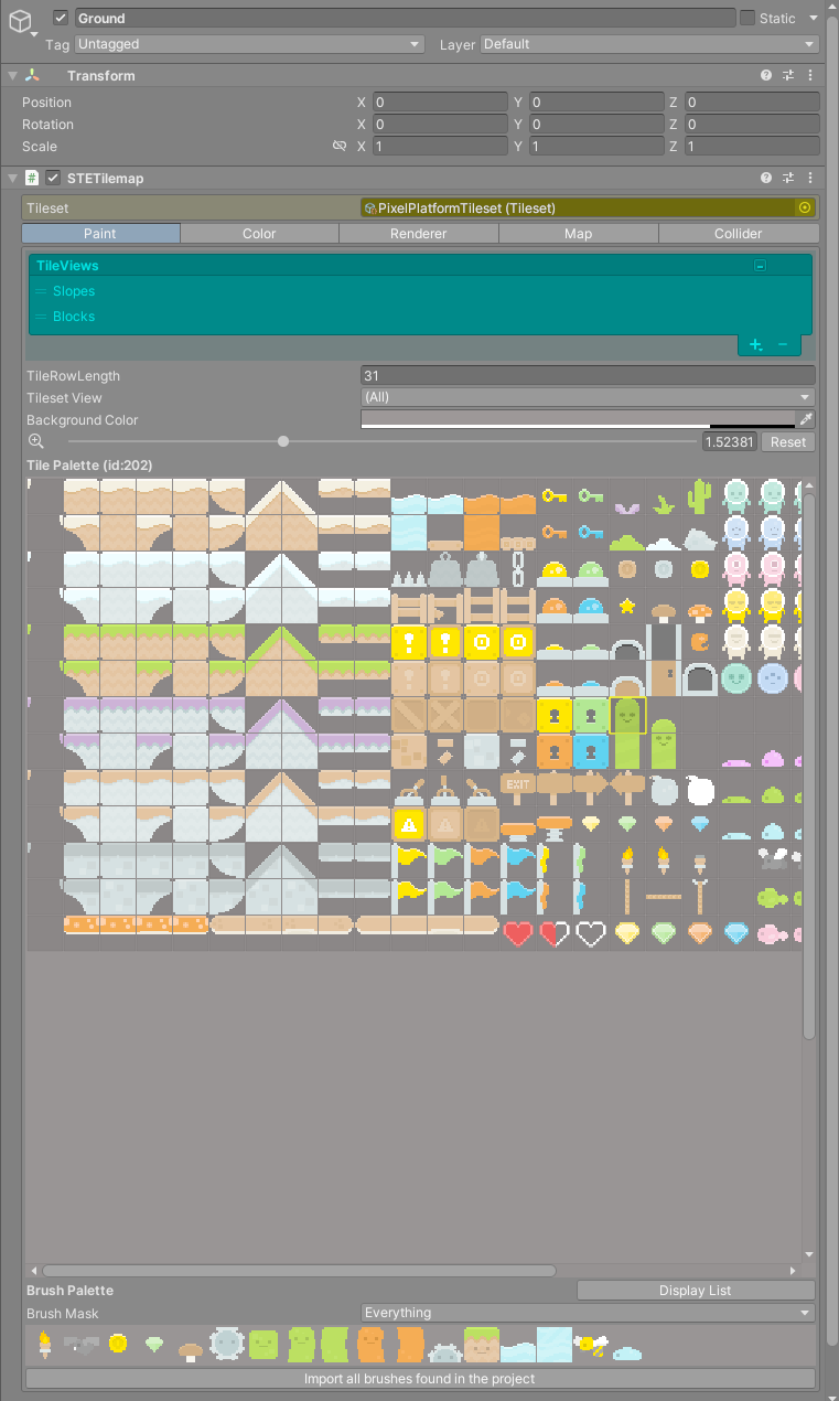 The tilemap inspector with the Paint tab open and the tile palette below the tabs