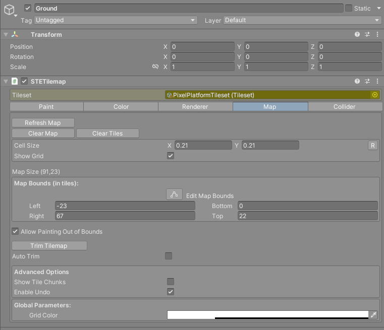 The Map tab of the tilemap inspector