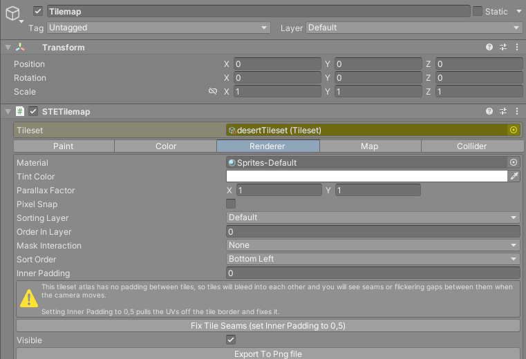 Tilemap Renderer tab showing the tile seam warning and the Fix Tile Seams button