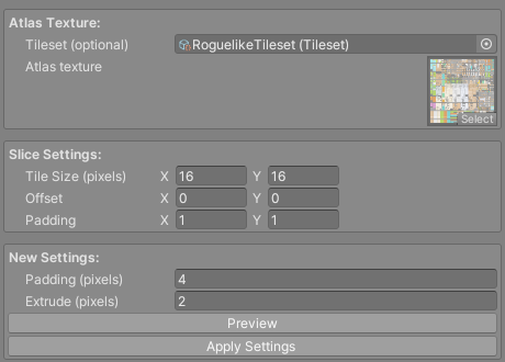 Atlas Editor window with a tileset assigned and the preview shown below the settings