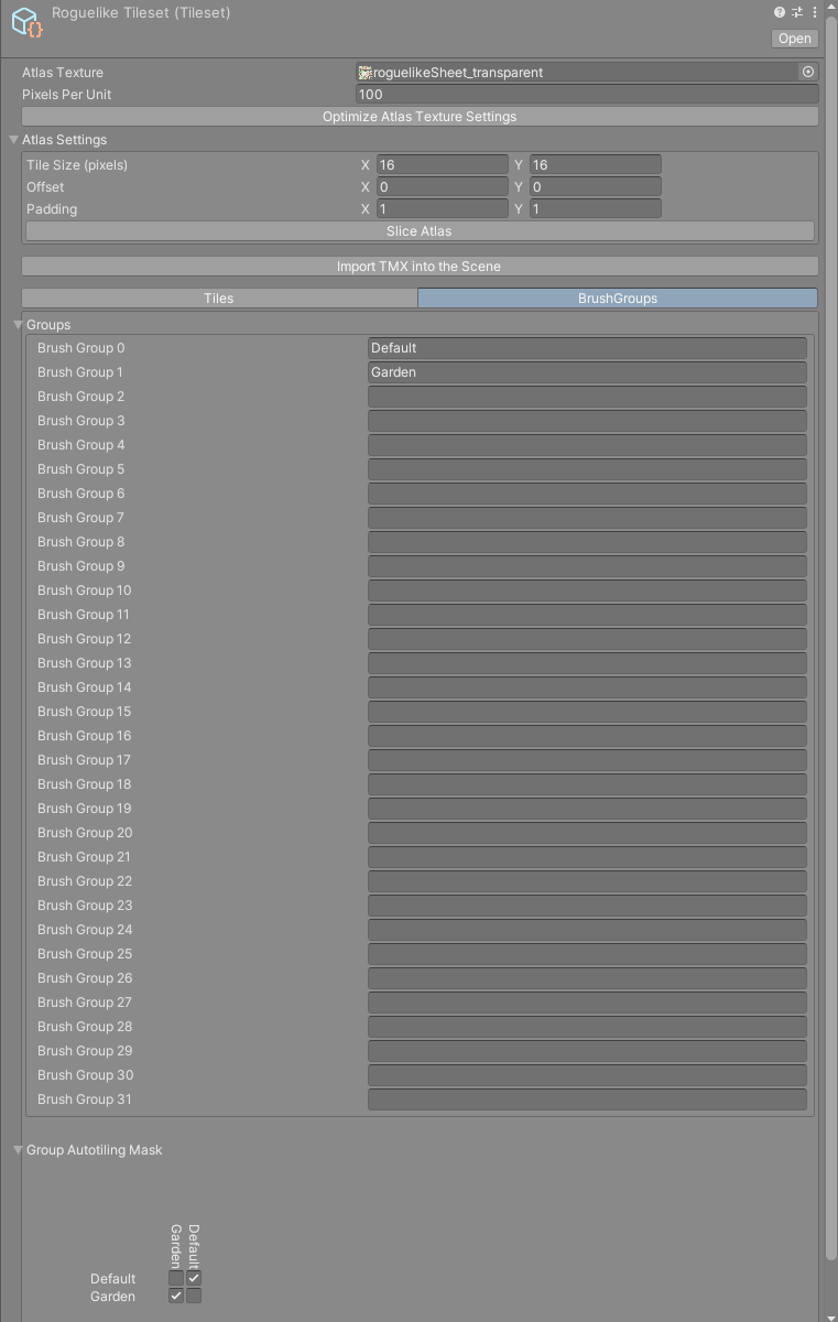 BrushGroups tab with named groups and the Group Autotiling Mask open