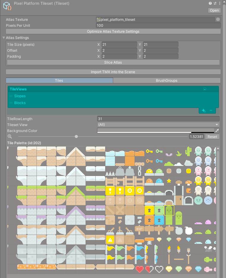 Tileset inspector with a sliced atlas, showing Atlas Settings and the tile palette
