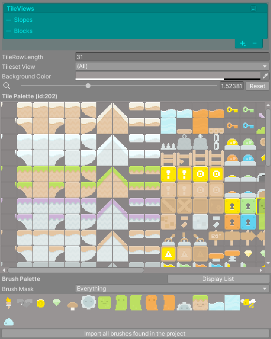 Tile palette in the tileset inspector, showing the TileViews list, the tile area with a rectangle selection, and the brush palette